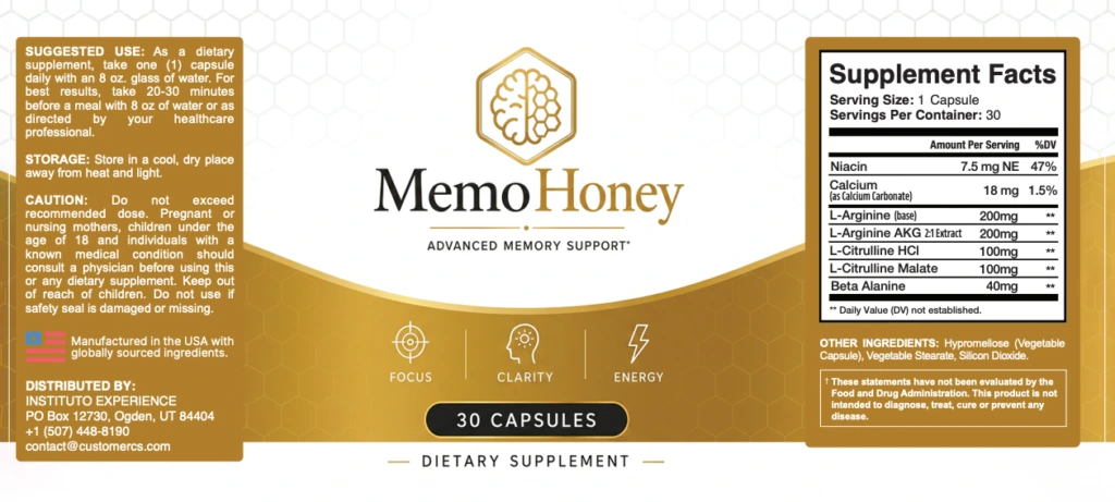 MemoHoney supplement facts panel